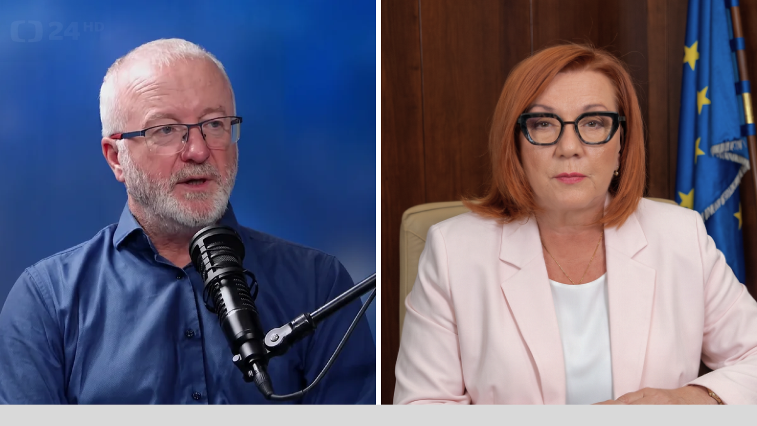 Dva panely z Nedělní debaty na ČT1 — vlevo Radim Jančura u mikrofonu, vpravo Alena Schillerová.
